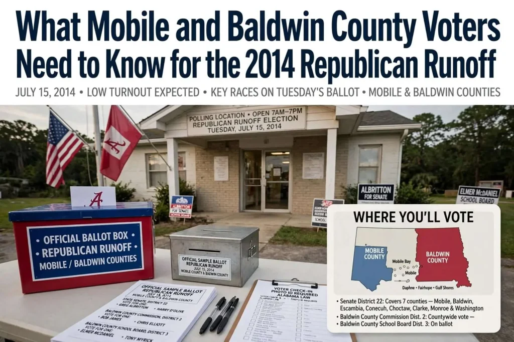 Illustration for the news story: What Mobile and Baldwin County Voters Need to Know for the 2014 Republican Runoff