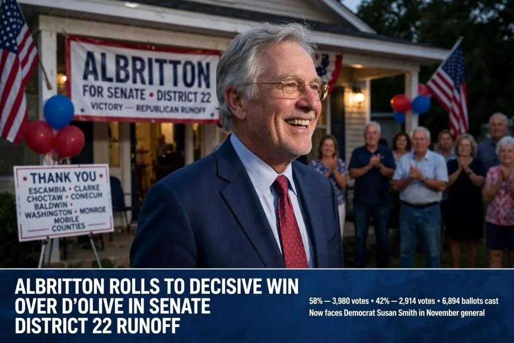 Illustration for the news story: Albritton Rolls to Decisive Win Over D’Olive in Senate District 22 Runoff