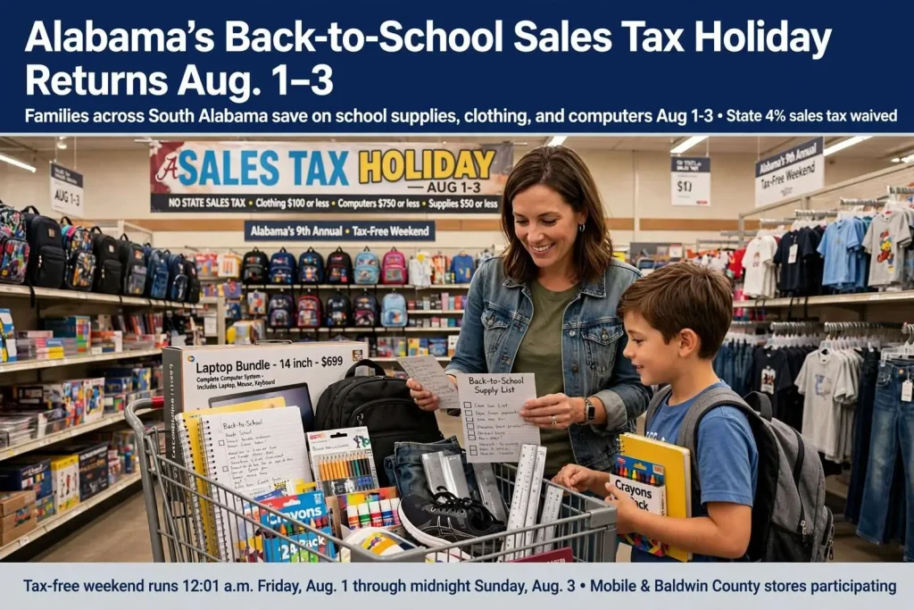 Illustration for the news story: Alabama’s Back-to-School Sales Tax Holiday Returns Aug. 1-3