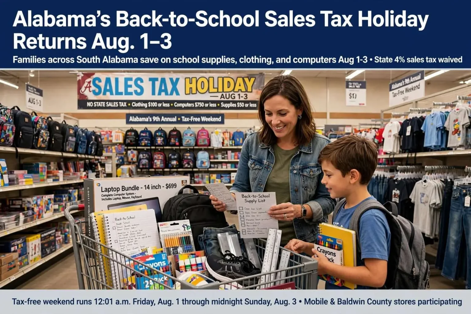 Illustration for the news story: Alabama’s Back-to-School Sales Tax Holiday Returns Aug. 1-3
