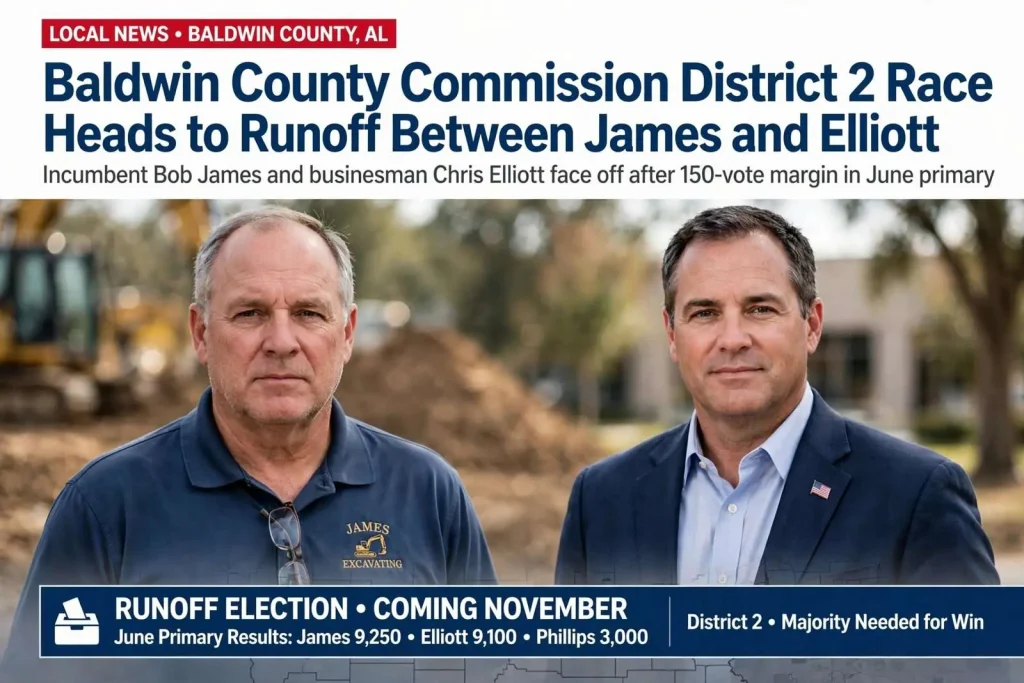 Illustration for the news story: Baldwin County Commission District 2 Race Heads to Runoff Between James and Elliott