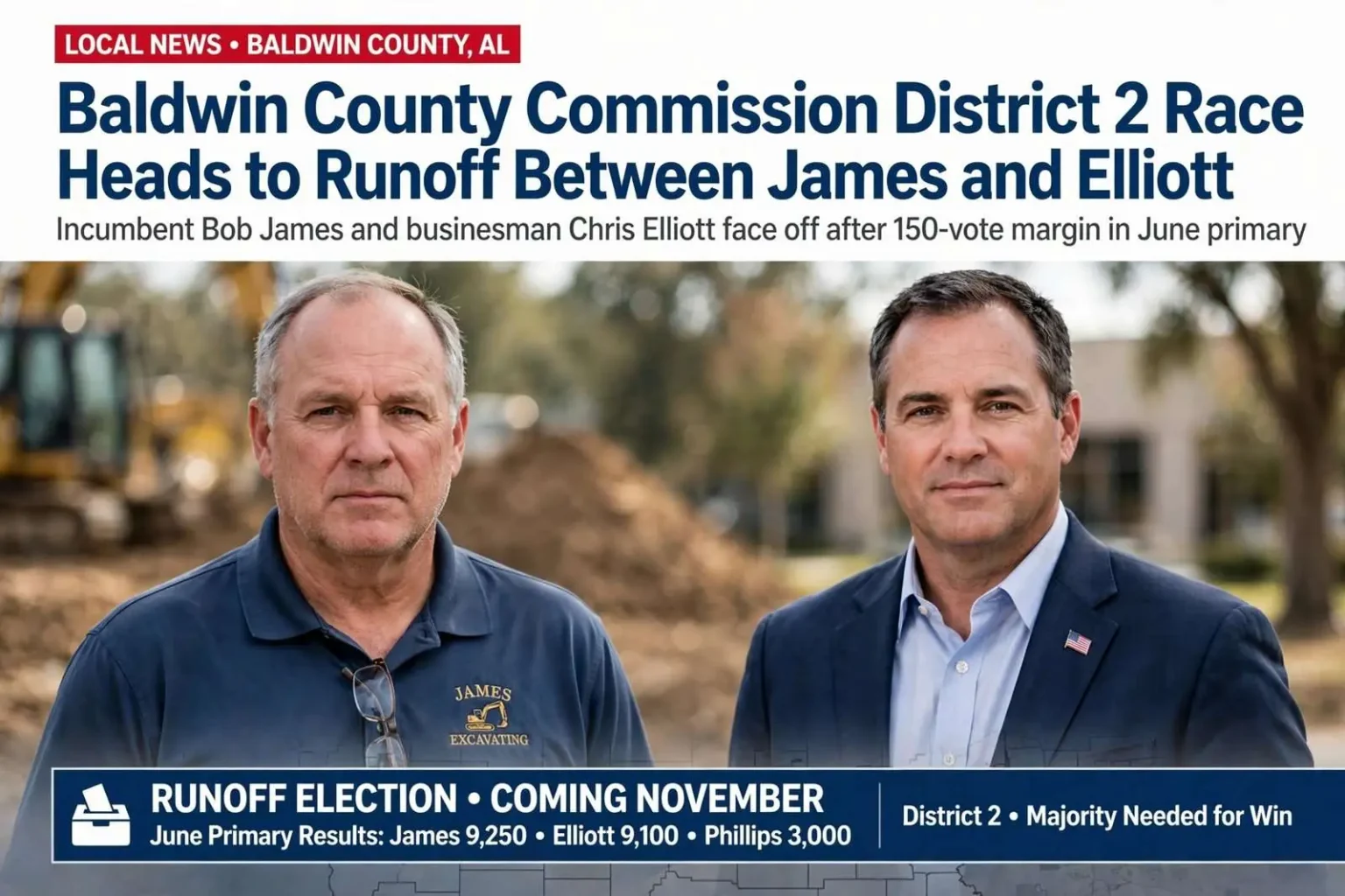 Illustration for the news story: Baldwin County Commission District 2 Race Heads to Runoff Between James and Elliott