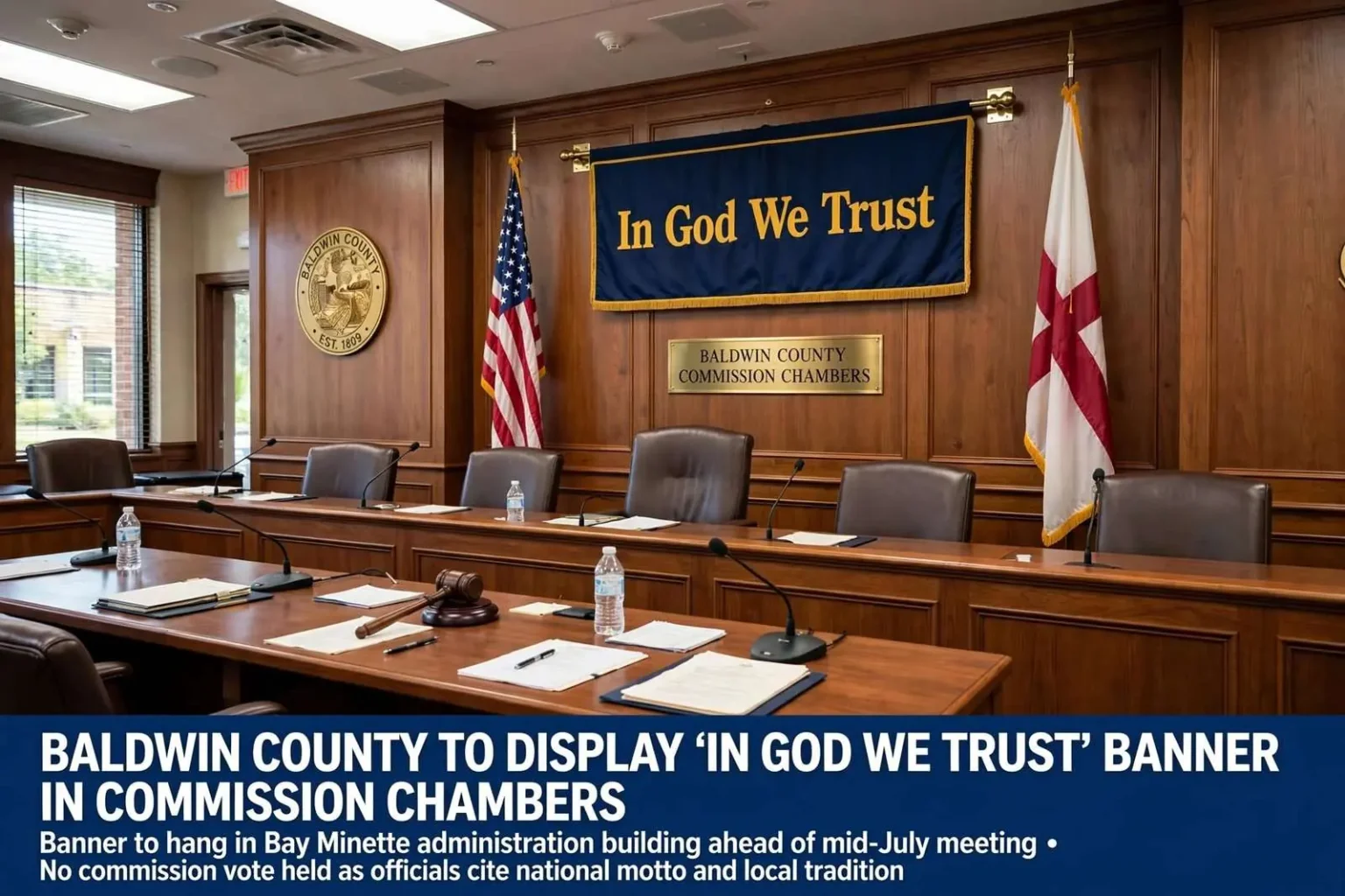 Illustration for the news story: Baldwin County to Display ‘In God We Trust’ Banner in Commission Chambers