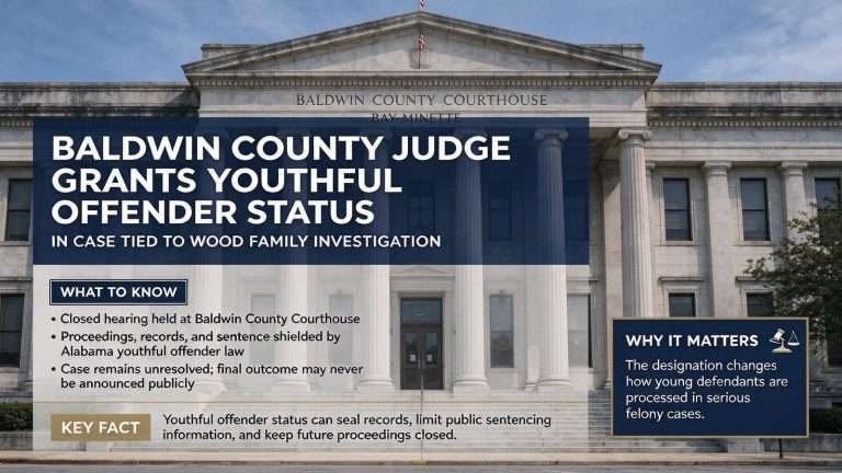 Illustration for the news story: Baldwin County Judge Grants Youthful Offender Status in Case Tied to Wood Family Investigation