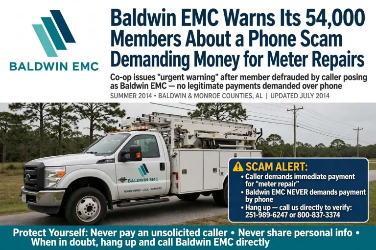 Illustration for the news story: Baldwin EMC Warns Its 54,000 Members About a Phone Scam Demanding Money for Meter Repairs
