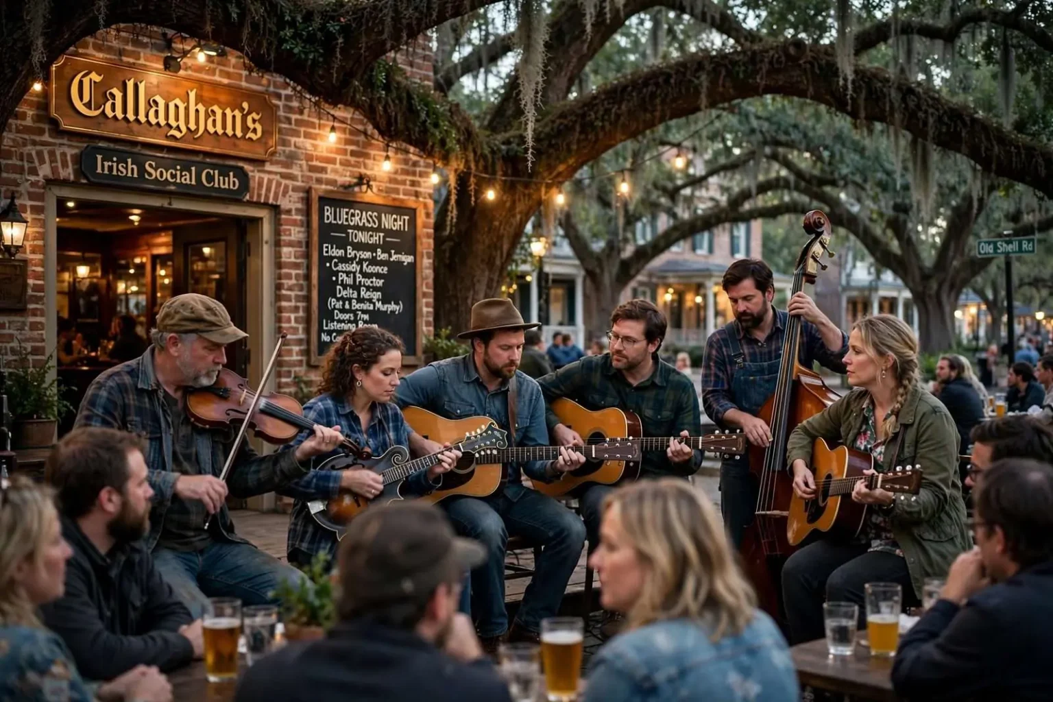 Illustration for the news story: Bluegrass Night at Callaghan’s: Mobile’s Americana Homecoming Under the Oaks