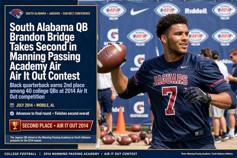 Illustration for the news story: South Alabama QB Brandon Bridge Takes Second in Manning Passing Academy Air It Out Contest