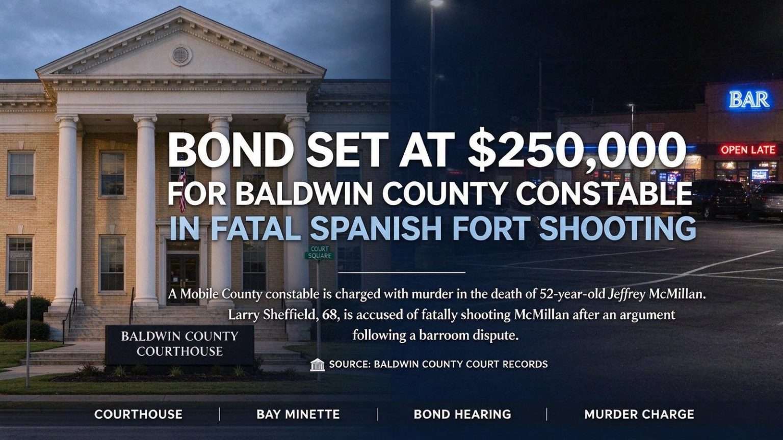 Illustration for the news story: Bond Set at $250,000 for Baldwin County Constable in Fatal Spanish Fort Shooting