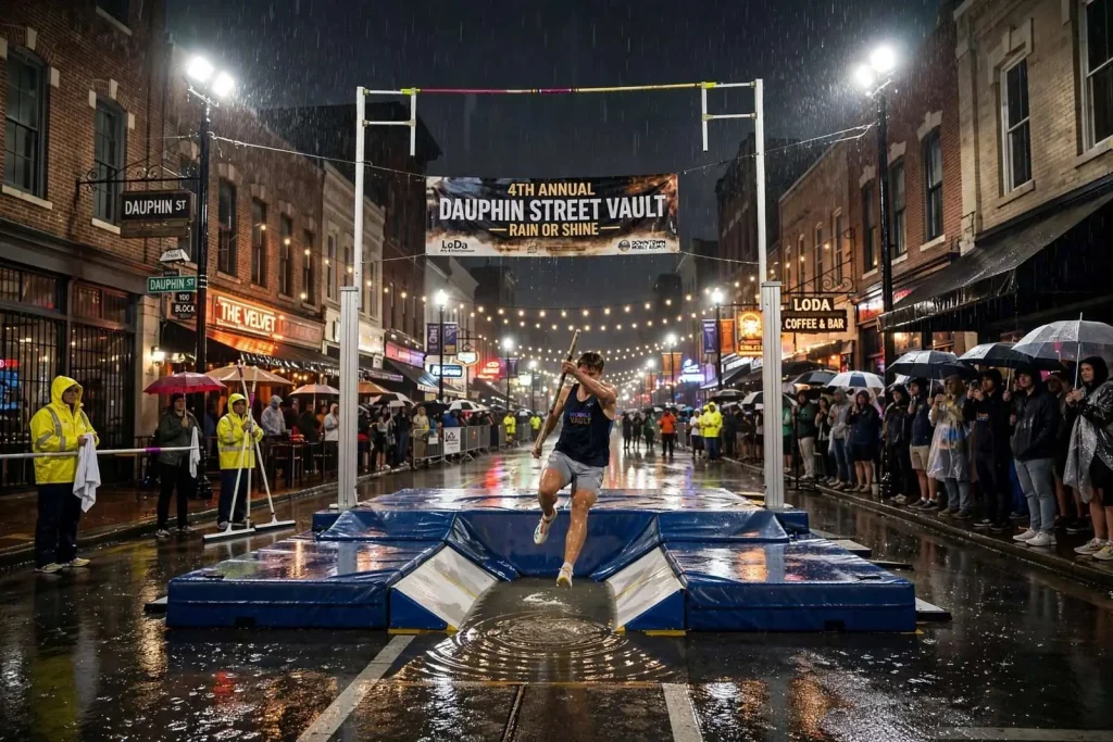 Illustration for the news story: Rain Can’t Stop Pole Vaulters at Annual Dauphin Street Vault in Downtown Mobile