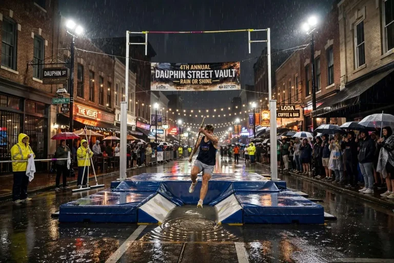 Illustration for the news story: Rain Can’t Stop Pole Vaulters at Annual Dauphin Street Vault in Downtown Mobile