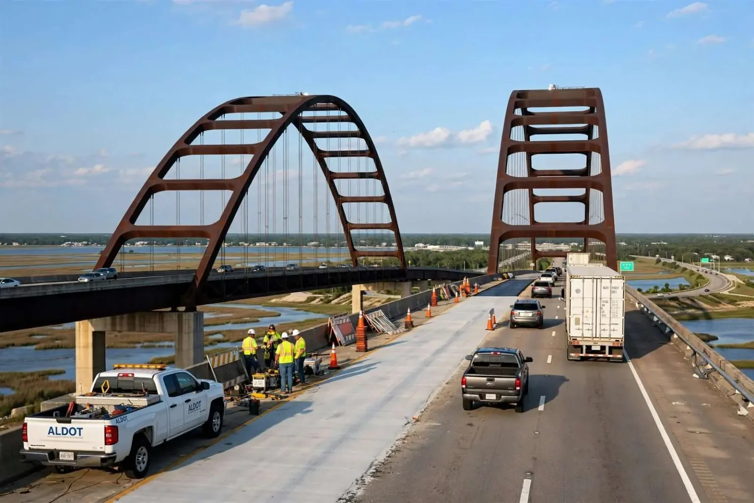 Illustration for the news story: Crews Finish Rapid Repairs to Mobile’s ‘Dolly Parton Bridge’ Ahead of Schedule