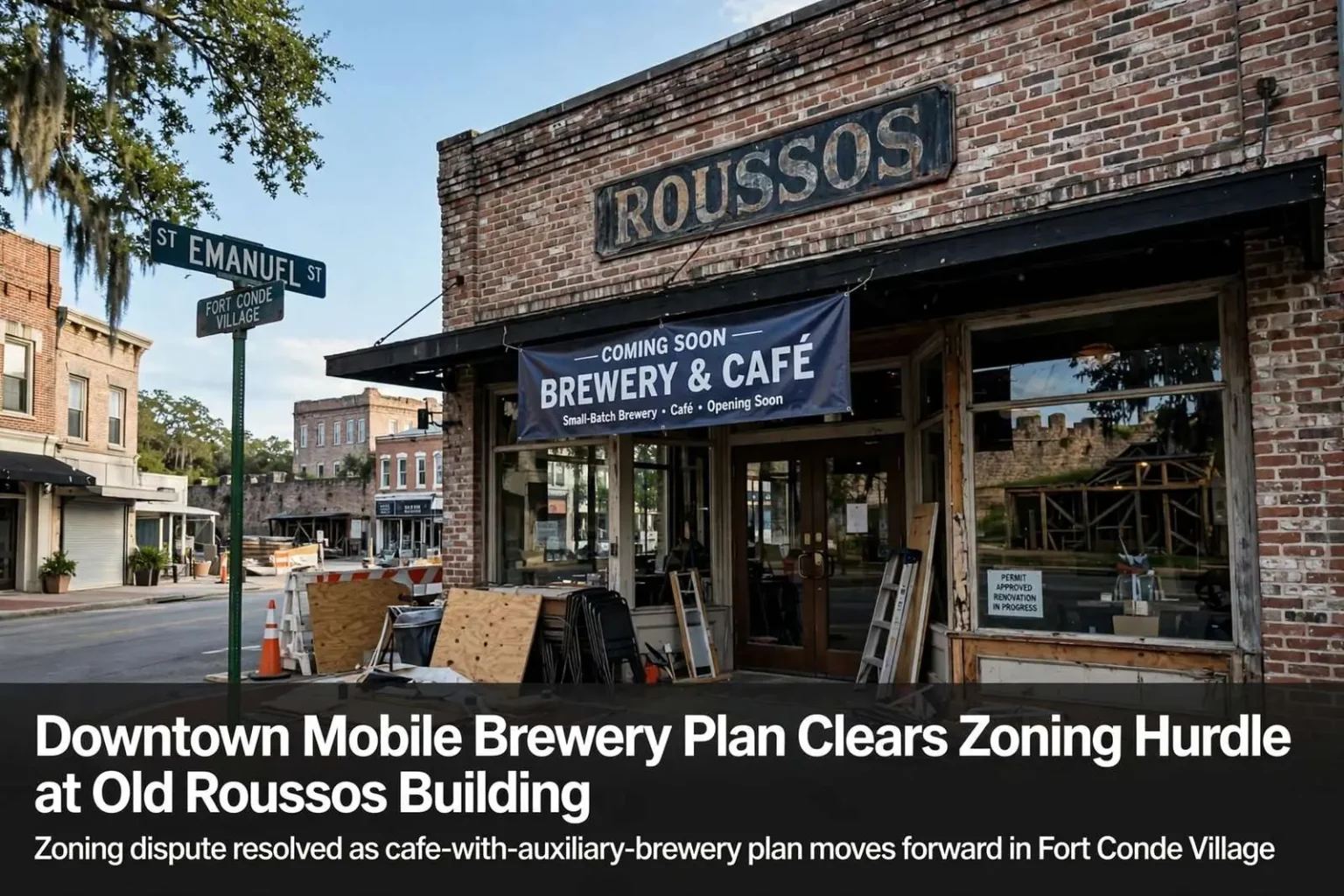 Illustration for the news story: Downtown Mobile Brewery Plan Clears Zoning Hurdle at Old Roussos Building