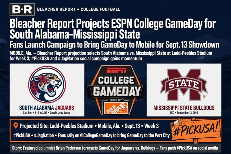 Illustration for the news story: Bleacher Report Projects ESPN College GameDay for South Alabama-Mississippi State; Fans Launch Campaign
