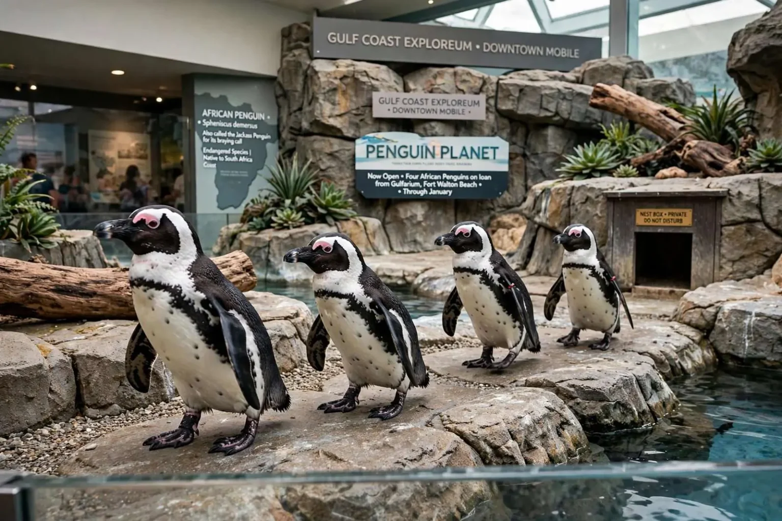 Illustration for the news story: Four African Penguins Waddle Into Mobile’s Exploreum for Winter Stay
