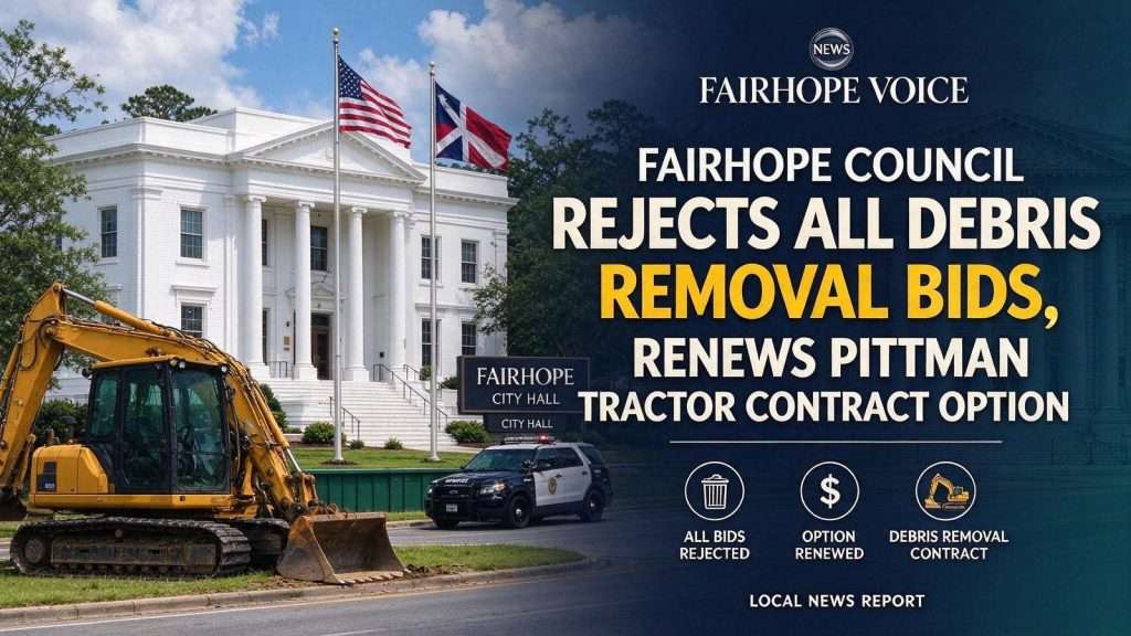 Illustration for the news story: Fairhope Council Rejects All Debris Removal Bids, Renews Pittman Tractor Contract Option