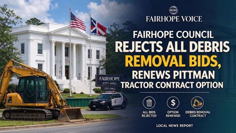 Illustration for the news story: Fairhope Council Rejects All Debris Removal Bids, Renews Pittman Tractor Contract Option