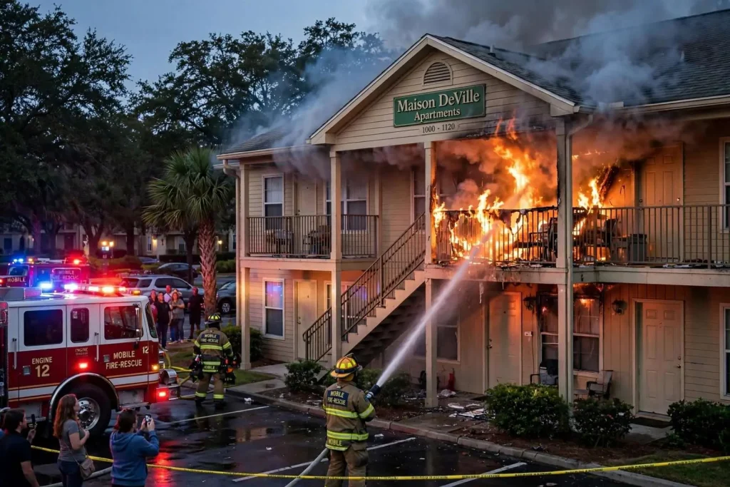 Illustration for the news story: Fire Tears Through Balcony at Maison DeVille Apartments in Mobile