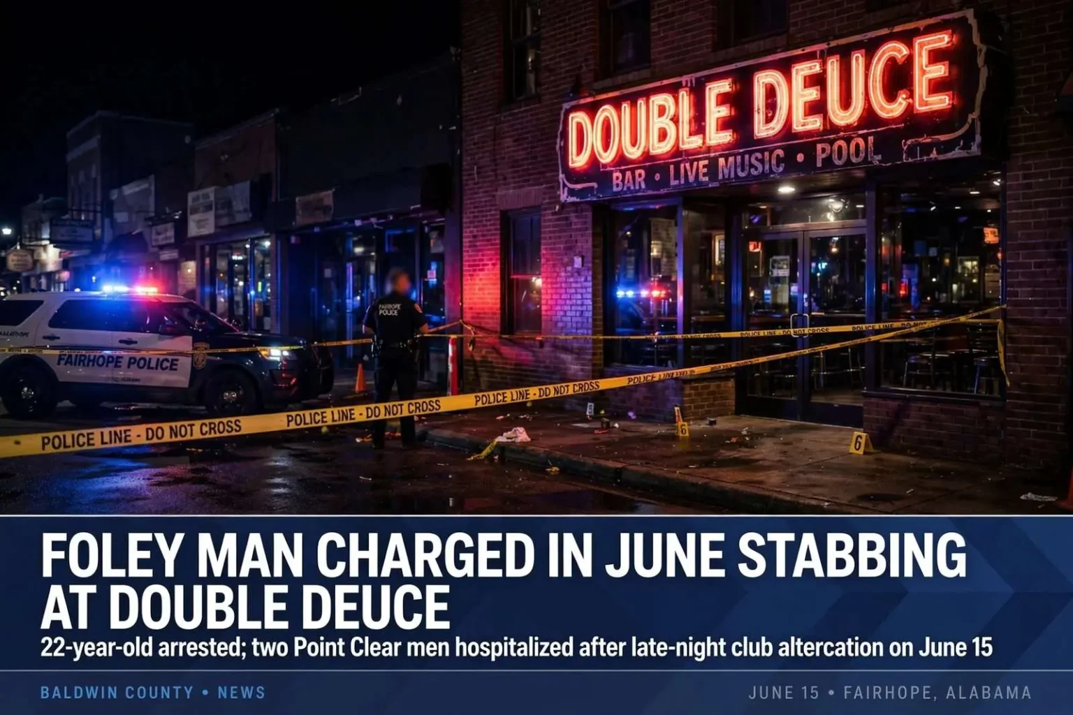Illustration for the news story: Foley Man Charged in June Stabbing at Double Deuce That Sent Two Point Clear Men to the Hospital