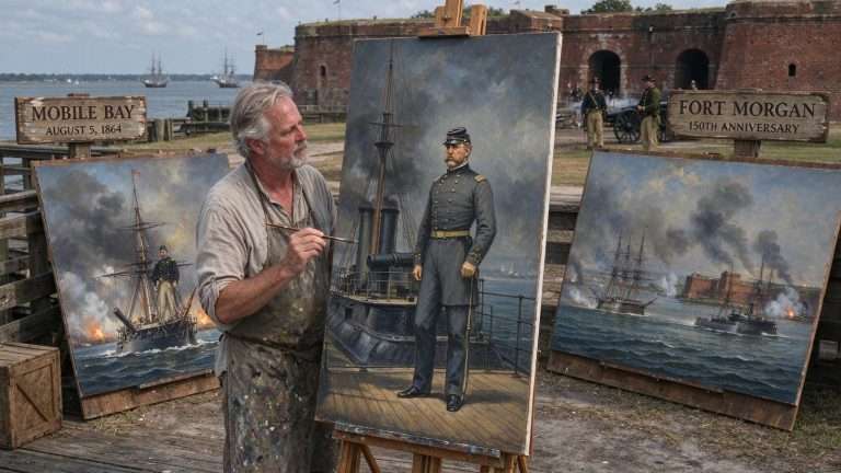 Illustration for the news story: Fairhope Artist to Complete Trio of Battle of Mobile Bay Paintings at Fort Morgan’s 150th
