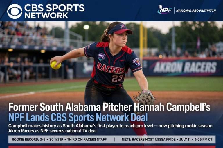 Illustration for the news story: Former South Alabama Pitcher Hannah Campbell’s National Pro Fastpitch League Lands CBS Sports Network Deal
