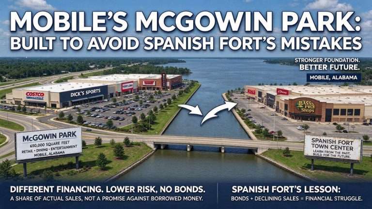Illustration for the news story: Mobile Officials Say McGowin Park Is Built to Avoid the Struggles That Dogged Spanish Fort Town Center