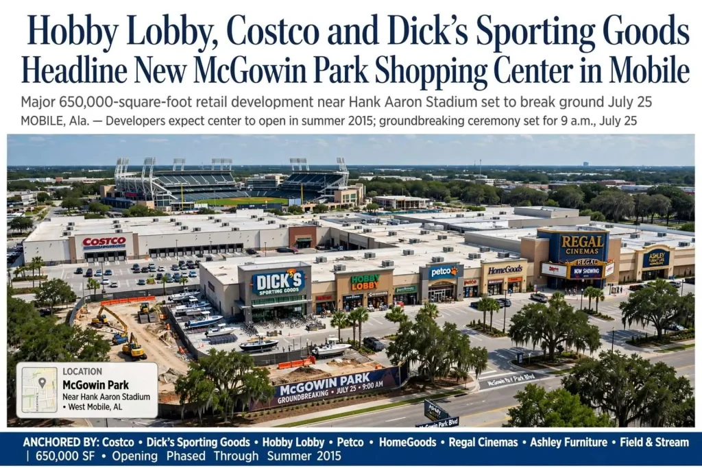 Illustration for the news story: Hobby Lobby, Costco and Dick’s Sporting Goods Headline New McGowin Park Shopping Center in Mobile