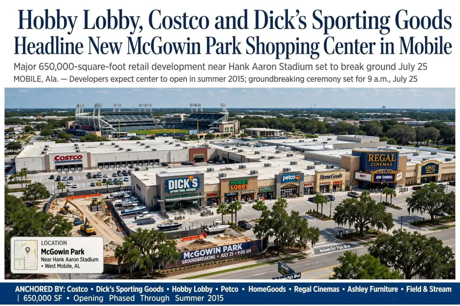 Illustration for the news story: Hobby Lobby, Costco and Dick’s Sporting Goods Headline New McGowin Park Shopping Center in Mobile