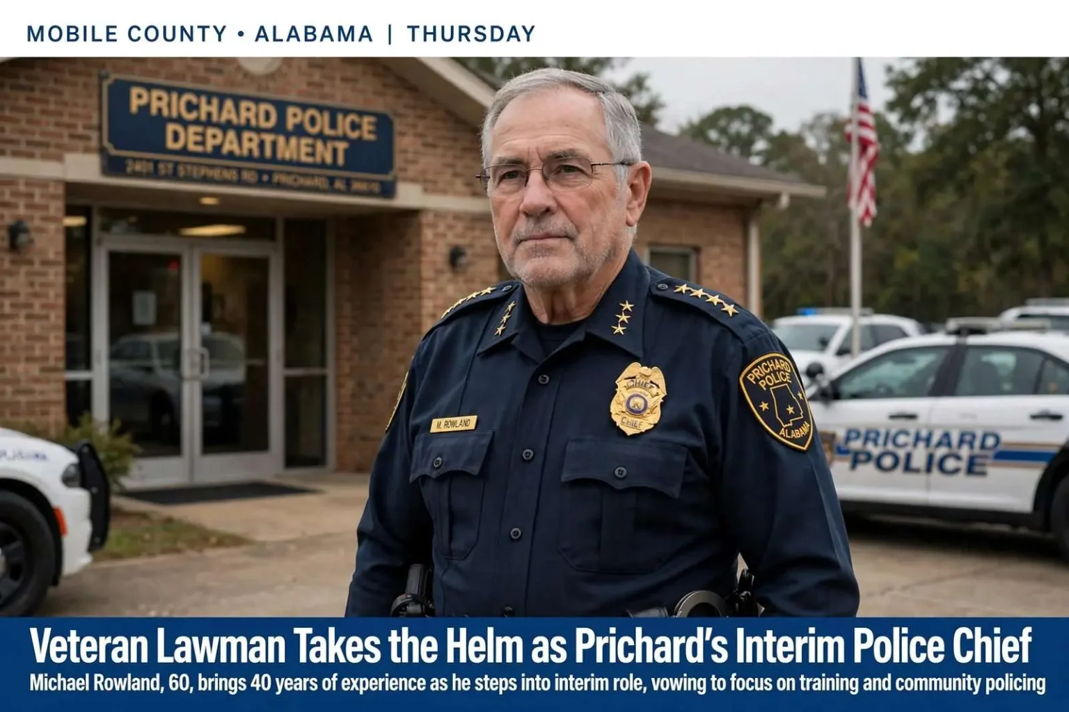 Illustration for the news story: Veteran Lawman Takes the Helm as Prichard’s Interim Police Chief