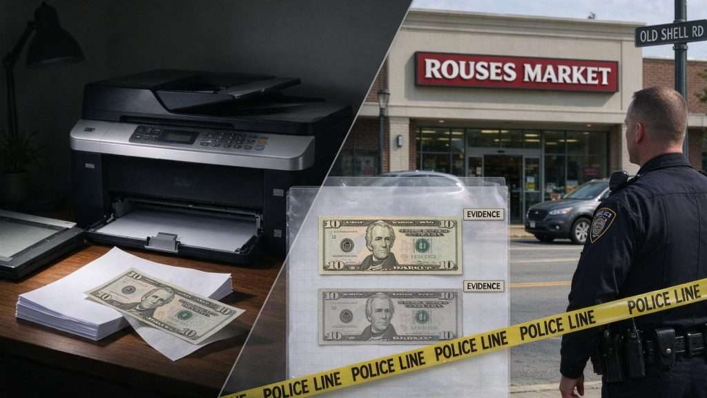 Illustration for the news story: Mobile Man Accused of Making Counterfeit Bills With Home Photocopier