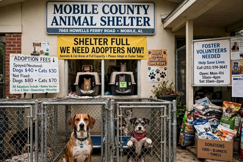 Illustration for the news story: Mobile County Animal Shelter Full, Urges Adoptions of Dogs and Cats