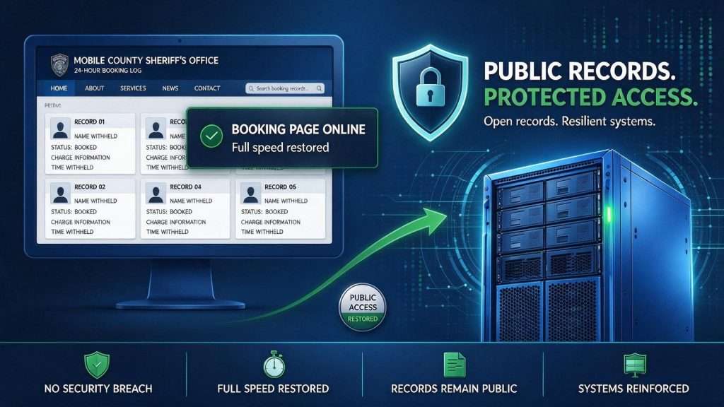 Illustration for the news story: Mobile County Sheriff’s Booking Page Returns to Full Speed After a Data-Scraping Bot Bogged It Down