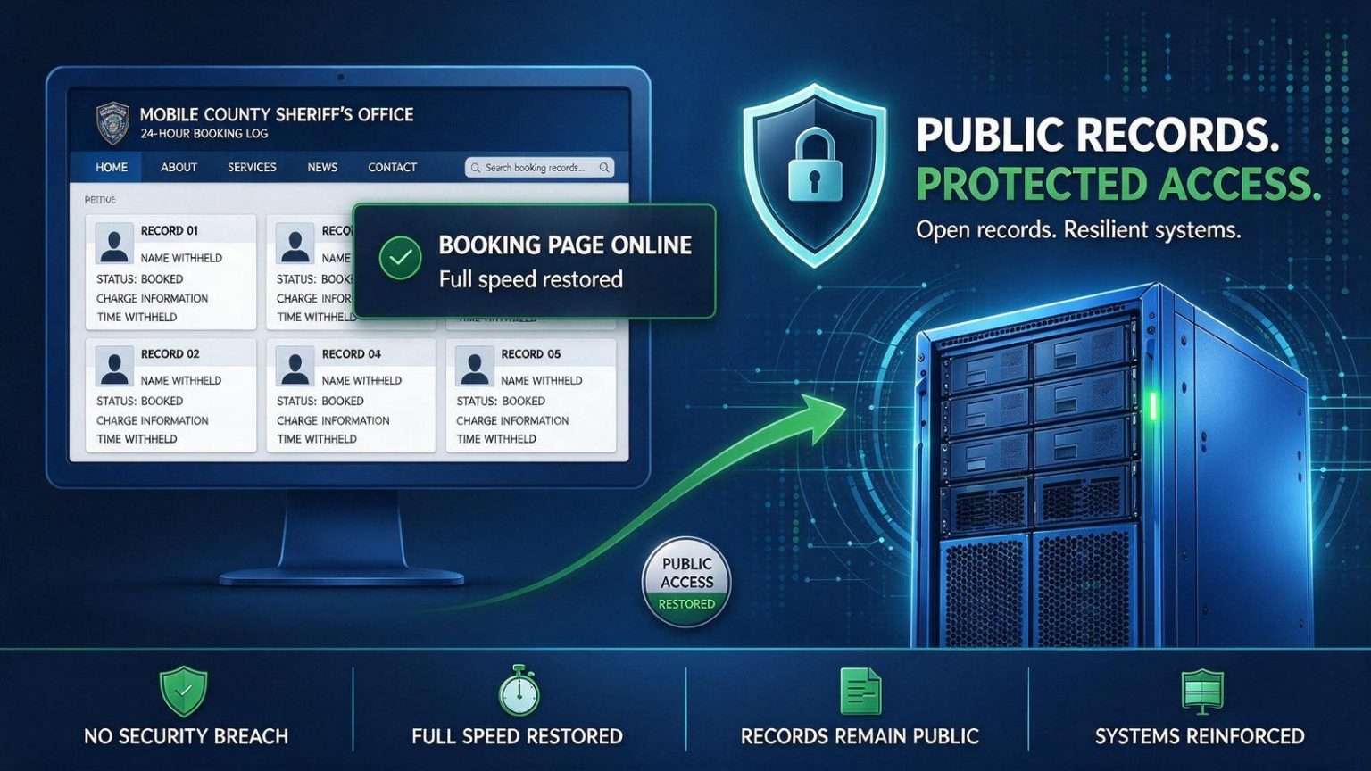 Illustration for the news story: Mobile County Sheriff’s Booking Page Returns to Full Speed After a Data-Scraping Bot Bogged It Down