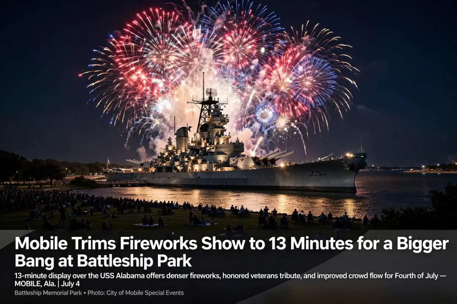 Illustration for the news story: Mobile Trims Fireworks Show to 13 Minutes for a Bigger Bang at Battleship Park