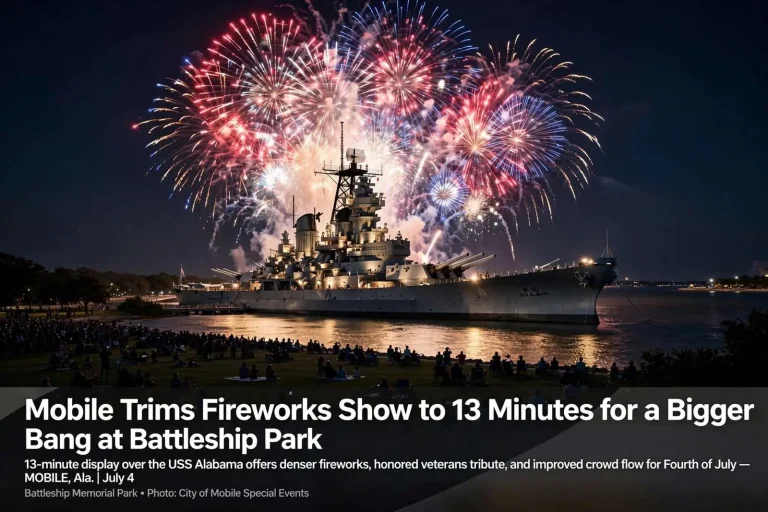 Illustration for the news story: Mobile Trims Fireworks Show to 13 Minutes for a Bigger Bang at Battleship Park