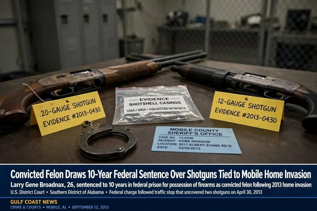 Illustration for the news story: Convicted Felon Draws 10-Year Federal Sentence Over Shotguns Tied to a Mobile Home Invasion
