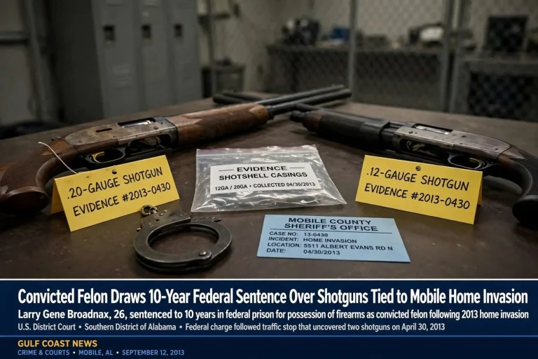 Illustration for the news story: Convicted Felon Draws 10-Year Federal Sentence Over Shotguns Tied to a Mobile Home Invasion