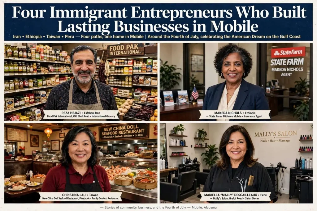 Illustration for the news story: Four Immigrant Entrepreneurs Who Built Lasting Businesses in Mobile