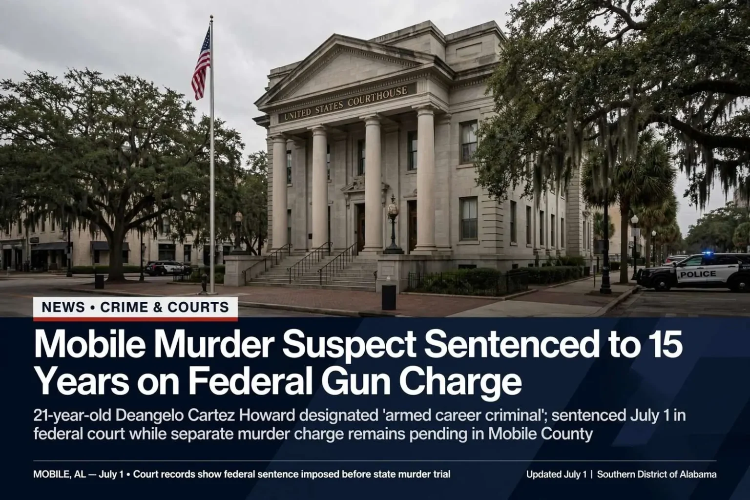 Illustration for the news story: Mobile Murder Suspect Sentenced to 15 Years on Federal Gun Charge