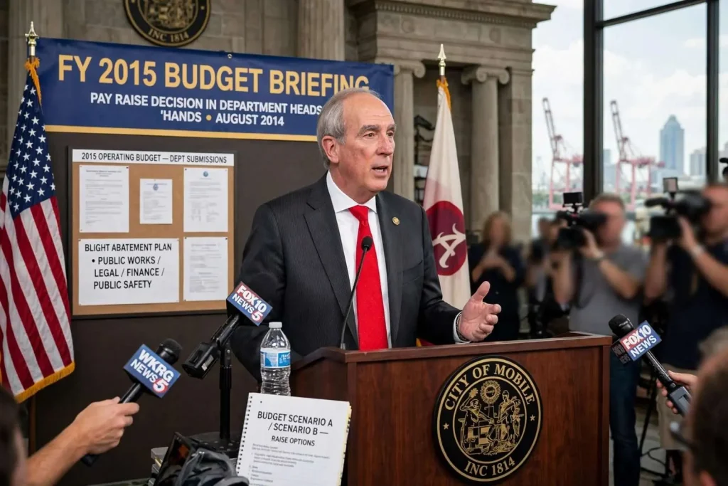 Illustration for the news story: Stimpson Puts the Pay-Raise Question in His Department Heads’ Hands as Mobile Shapes Its 2015 Budget