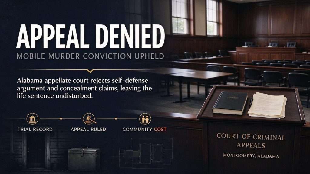 Illustration for the news story: Appeal Denied for Mobile Man Convicted of Beating Friend to Death With Bat
