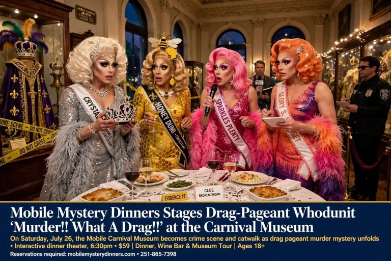 Illustration for the news story: Mobile Mystery Dinners Stages Drag-Pageant Whodunit ‘Murder!! What A Drag!!’ at the Carnival Museum