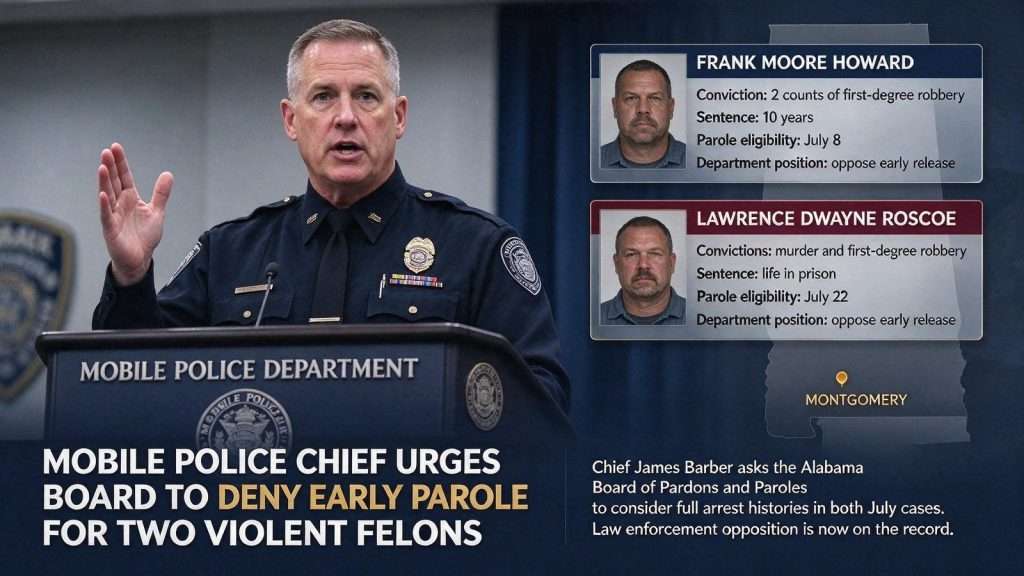 Illustration for the news story: Mobile Police Chief Urges State Board to Deny Early Parole for Two Violent Felons
