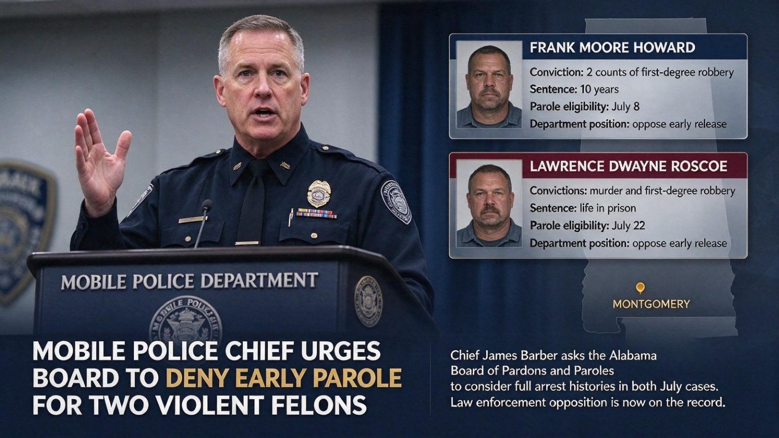 Illustration for the news story: Mobile Police Chief Urges State Board to Deny Early Parole for Two Violent Felons