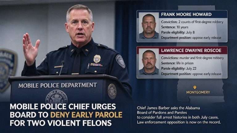 Illustration for the news story: Mobile Police Chief Urges State Board to Deny Early Parole for Two Violent Felons