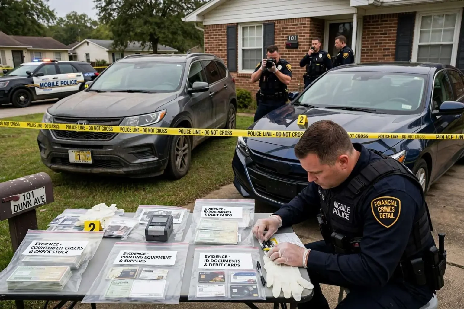 Illustration for the news story: Stolen Cars in the Front Yard Lead Mobile Police to a Texas Fugitive and a Counterfeit-Check Operation