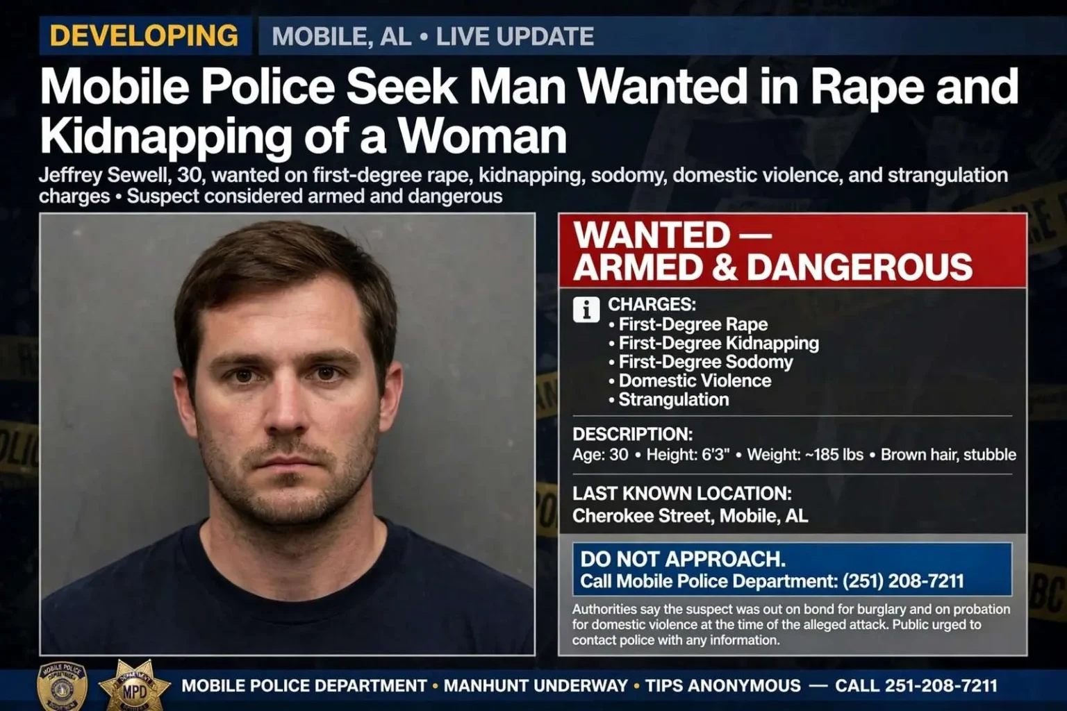 Illustration for the news story: Mobile Police Sought Man Wanted in Rape and Kidnapping of a Woman