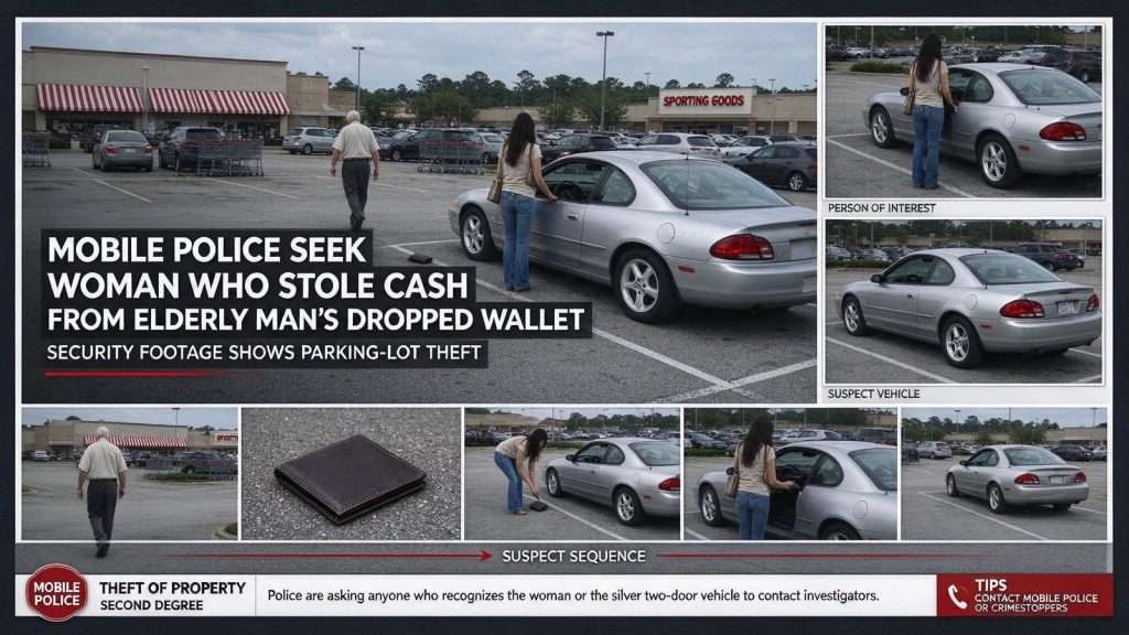 Illustration for the news story: Mobile Police Seek Woman Who Stole Cash From Elderly Man’s Dropped Wallet