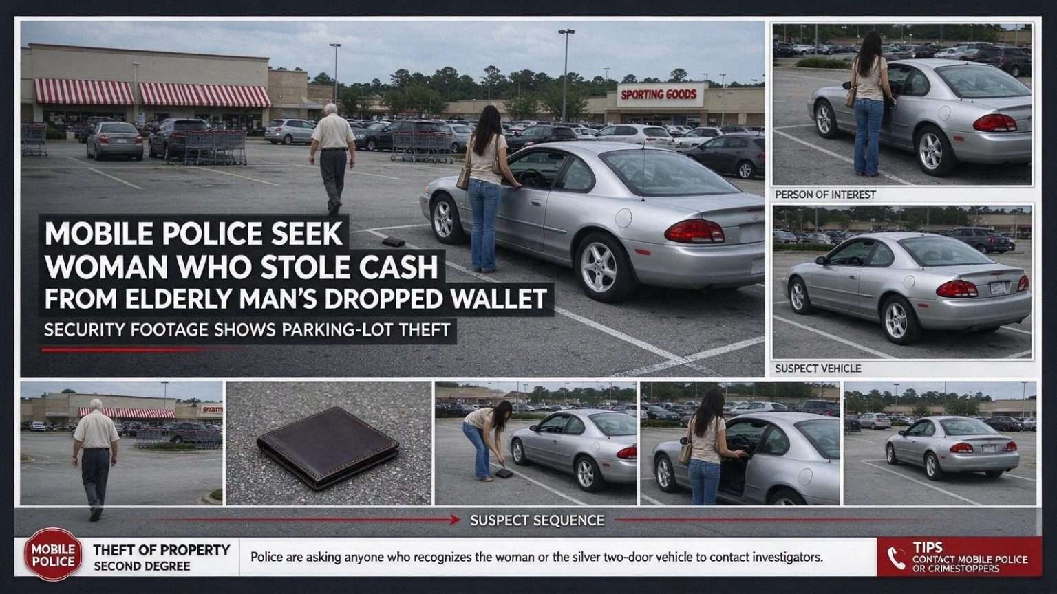 Illustration for the news story: Mobile Police Seek Woman Who Stole Cash From Elderly Man’s Dropped Wallet
