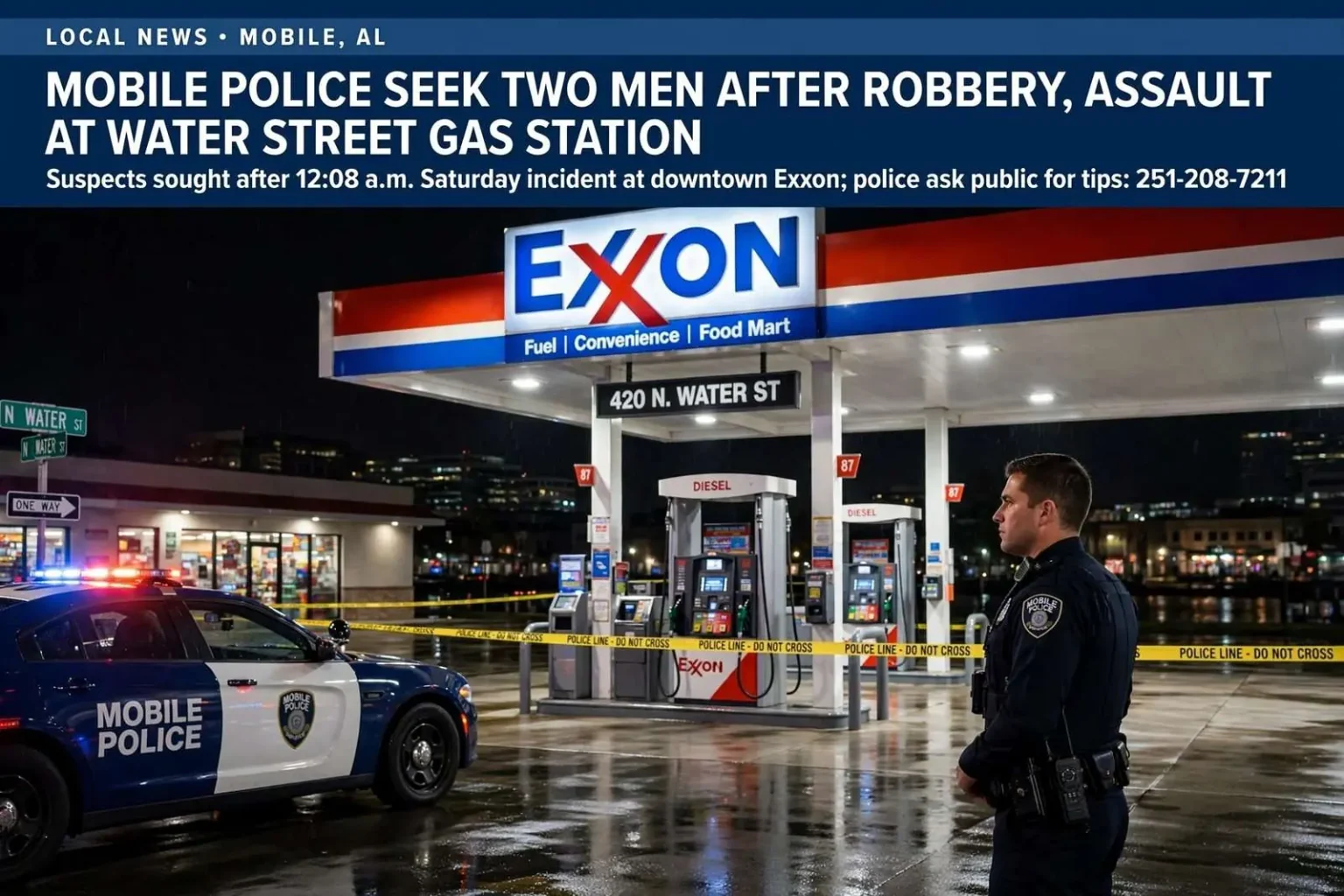 Illustration for the news story: Mobile Police Sought Two Men After Robbery, Assault at Water Street Gas Station