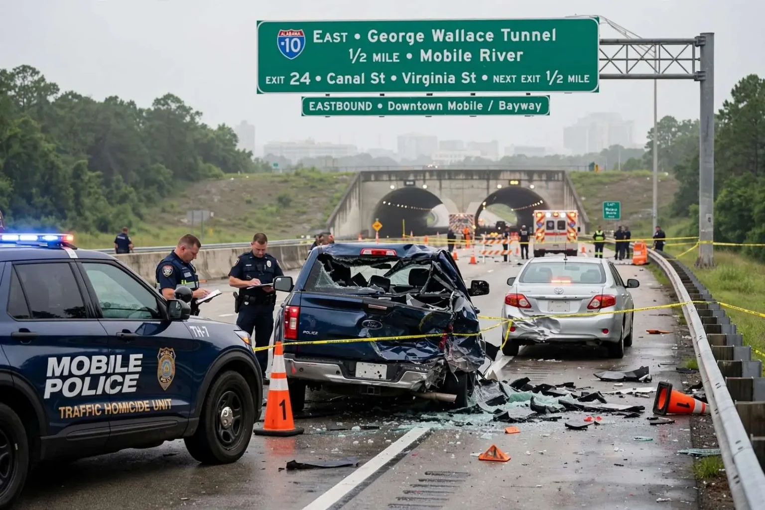 Illustration for the news story: Mobile Police Identify Woman Killed in I-10 Crash Near George Wallace Tunnel